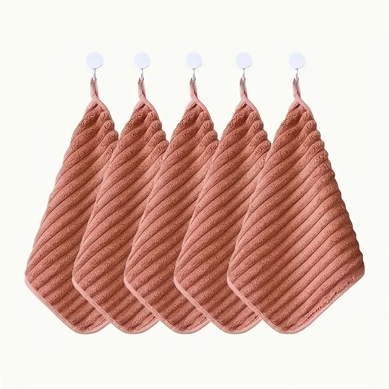 Set de 5 prosoape de mâini din fleece coral, moi, pătrate, pentru bucătărie și baie, cu buclă de agățare, 280 g, margine cusută
