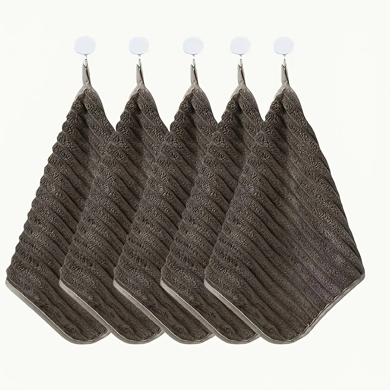 Set de 5 prosoape de mâini din fleece coral, moi, pătrate, pentru bucătărie și baie, cu buclă de agățare, 280 g, margine cusută