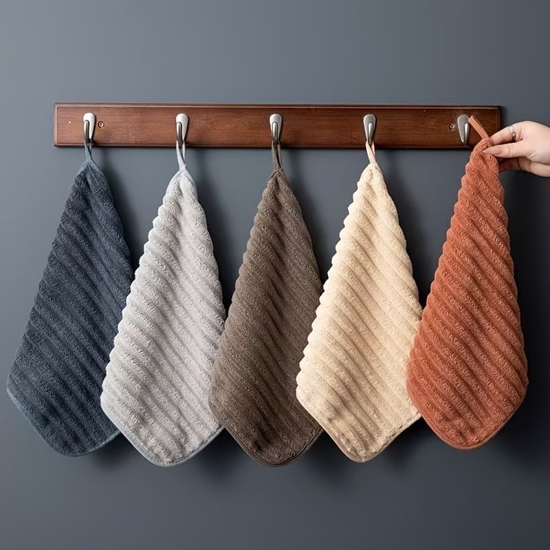 Set de 5 prosoape de mâini din fleece coral, moi, pătrate, pentru bucătărie și baie, cu buclă de agățare, 280 g, margine cusută