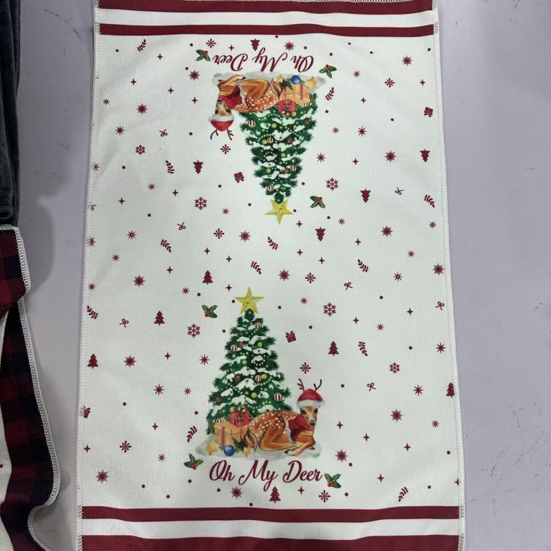 Mikrokiud köögirätik kohandatud trükiga - kaal 60 g, veeimavus 11-15 s, tootmisprotsess: trükkimine, logotüübi trükk on võimalik