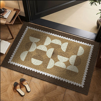 Võrgulise lõnga põrandamatt ruudukujuline, geomeetriline muster värviliste blokkidega, moodsalt minimalistlik stiil, pestav