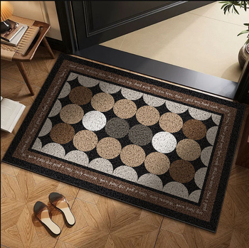 Võrgulise lõnga põrandamatt ruudukujuline, geomeetriline muster värviliste blokkidega, moodsalt minimalistlik stiil, pestav