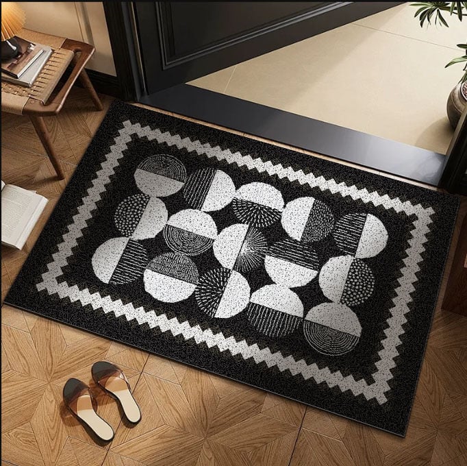 Võrgulise lõnga põrandamatt ruudukujuline, geomeetriline muster värviliste blokkidega, moodsalt minimalistlik stiil, pestav