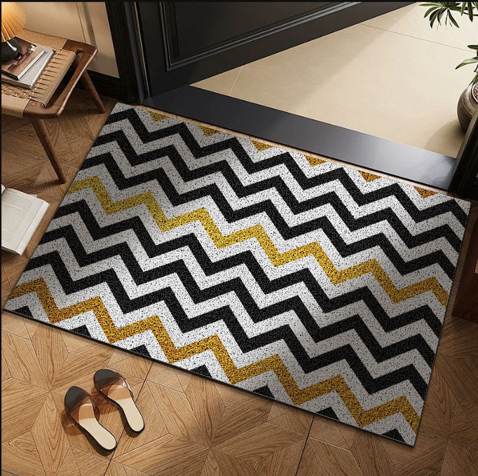 Võrgulise lõnga põrandamatt ruudukujuline, geomeetriline muster värviliste blokkidega, moodsalt minimalistlik stiil, pestav