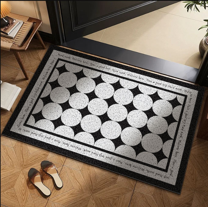 Võrgulise lõnga põrandamatt ruudukujuline, geomeetriline muster värviliste blokkidega, moodsalt minimalistlik stiil, pestav