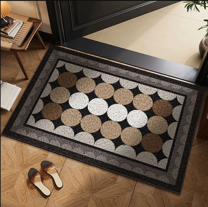 Võrgulise lõnga põrandamatt ruudukujuline, geomeetriline muster värviliste blokkidega, moodsalt minimalistlik stiil, pestav