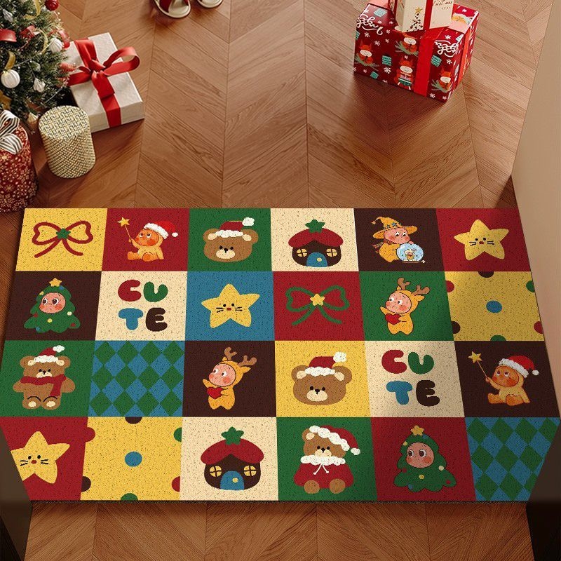 Jõulude sissekäigu põrandamatt PVC-st, traadist silmusega konstruktsioon, ruudukujuline kuju, karikatuurimuster, pestav