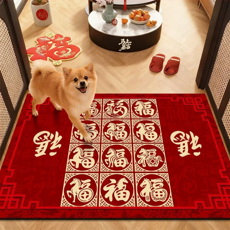 Bejárati szőnyeg 2026 ló éve, motívum áldást hozó a ház számára, négyzet alakú, Crystal Velvet anyag, gépi szövés, mosható, alkalmas dolgozószobának, bejáratnak, erkélynek