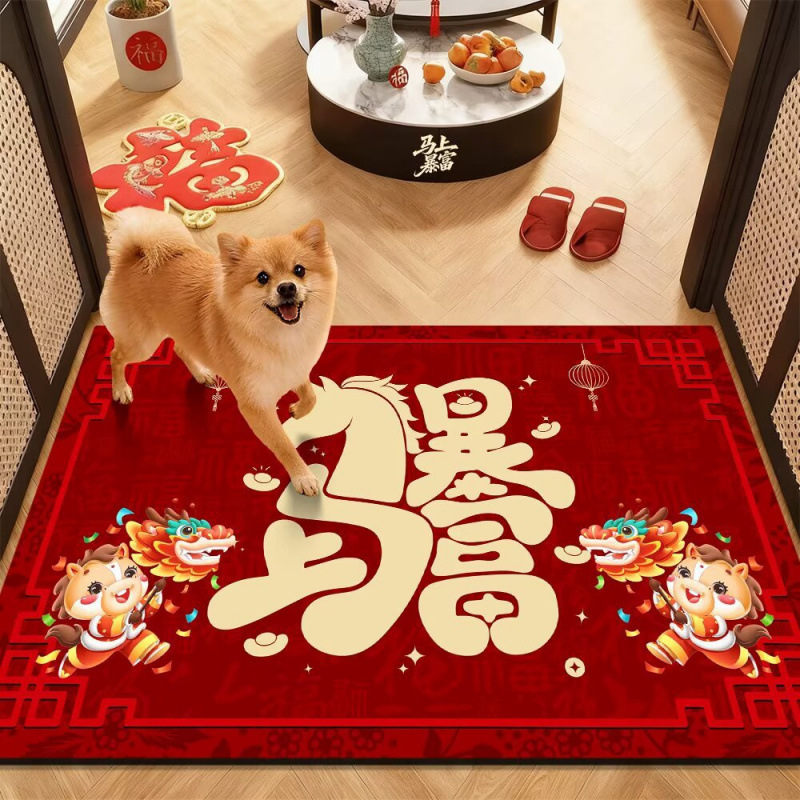 Bejárati szőnyeg 2026 ló éve, motívum áldást hozó a ház számára, négyzet alakú, Crystal Velvet anyag, gépi szövés, mosható, alkalmas dolgozószobának, bejáratnak, erkélynek