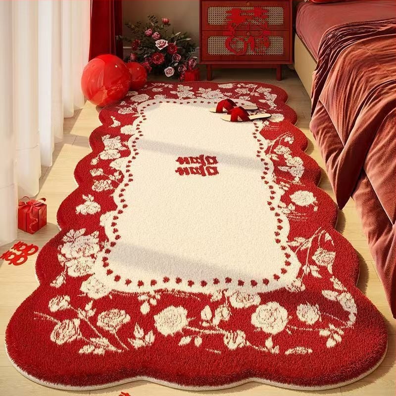 Esküvői ágynál lévő szőnyeg dupla boldogság motívummal, plüss, műkasmír, szövött, különleges alakú