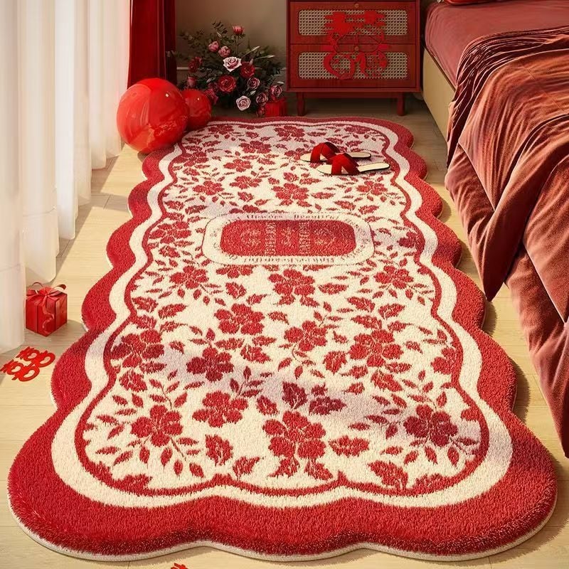 Esküvői ágynál lévő szőnyeg dupla boldogság motívummal, plüss, műkasmír, szövött, különleges alakú