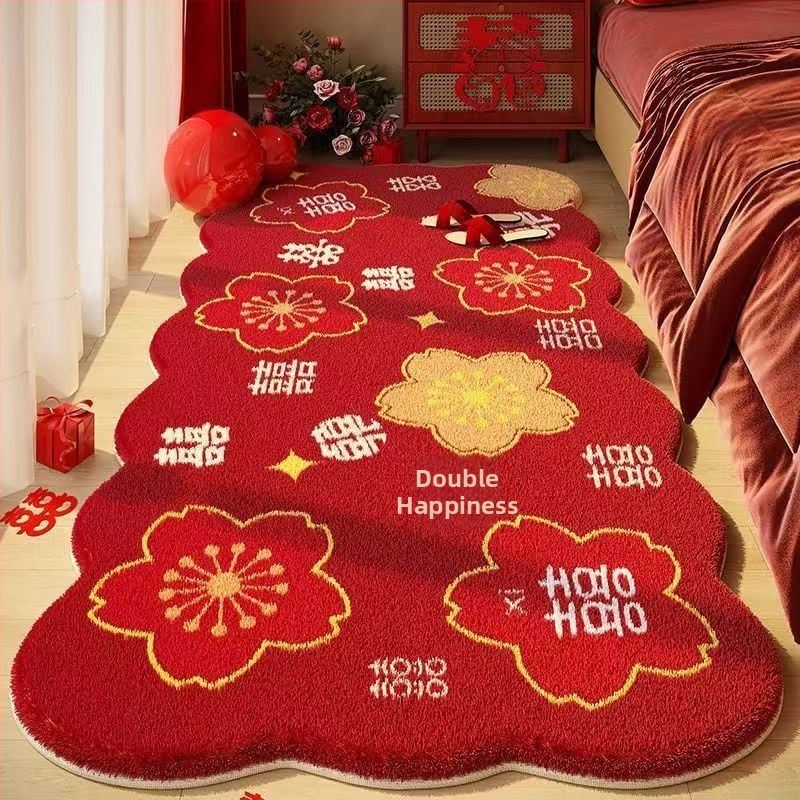 Esküvői ágynál lévő szőnyeg dupla boldogság motívummal, plüss, műkasmír, szövött, különleges alakú