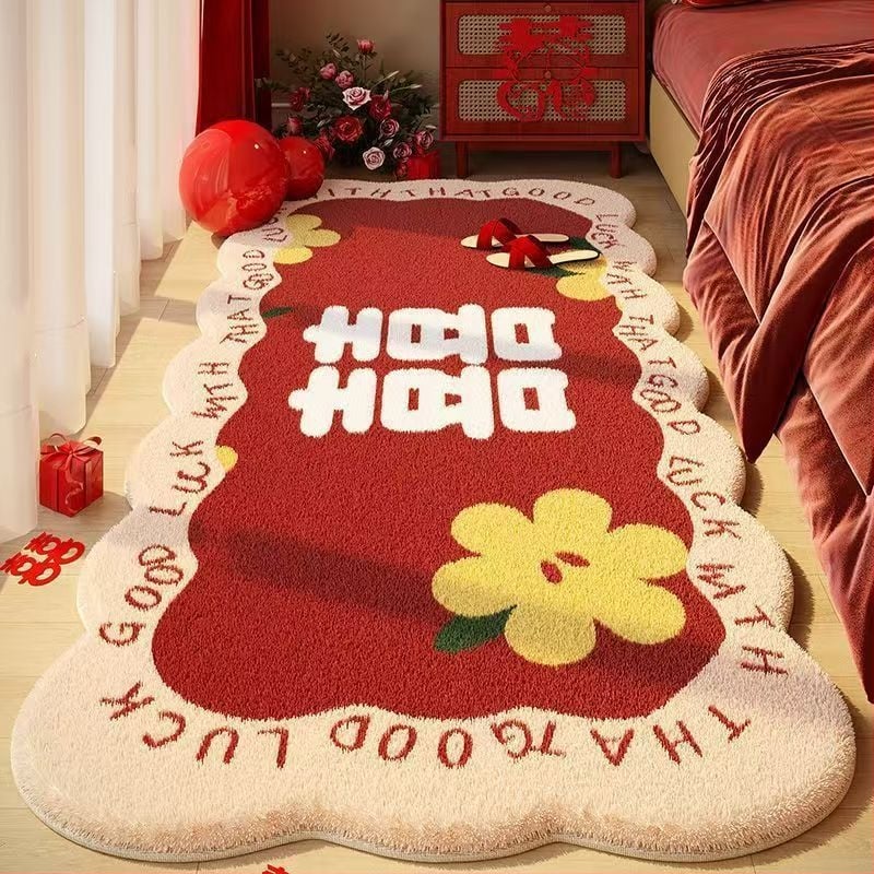 Esküvői ágynál lévő szőnyeg dupla boldogság motívummal, plüss, műkasmír, szövött, különleges alakú