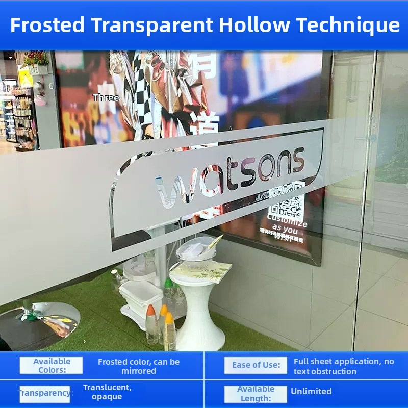 Matēta stikla logotipa uzlīme biroja durvīm — pašlīmējoša, pielāgojama, UV druka, piemērota ārējiem un komerciāliem telpām