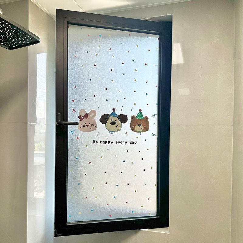 Stikla loga privātuma plēve ar mīļu suņa rakstu, elektrostatiskā pielietošana, caurspīdīgs un necaurspīdīgs privātuma plēve vannas logiem