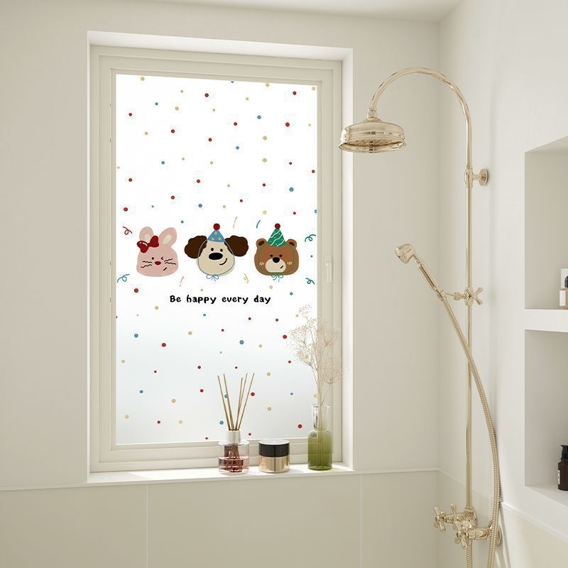 Stikla loga privātuma plēve ar mīļu suņa rakstu, elektrostatiskā pielietošana, caurspīdīgs un necaurspīdīgs privātuma plēve vannas logiem