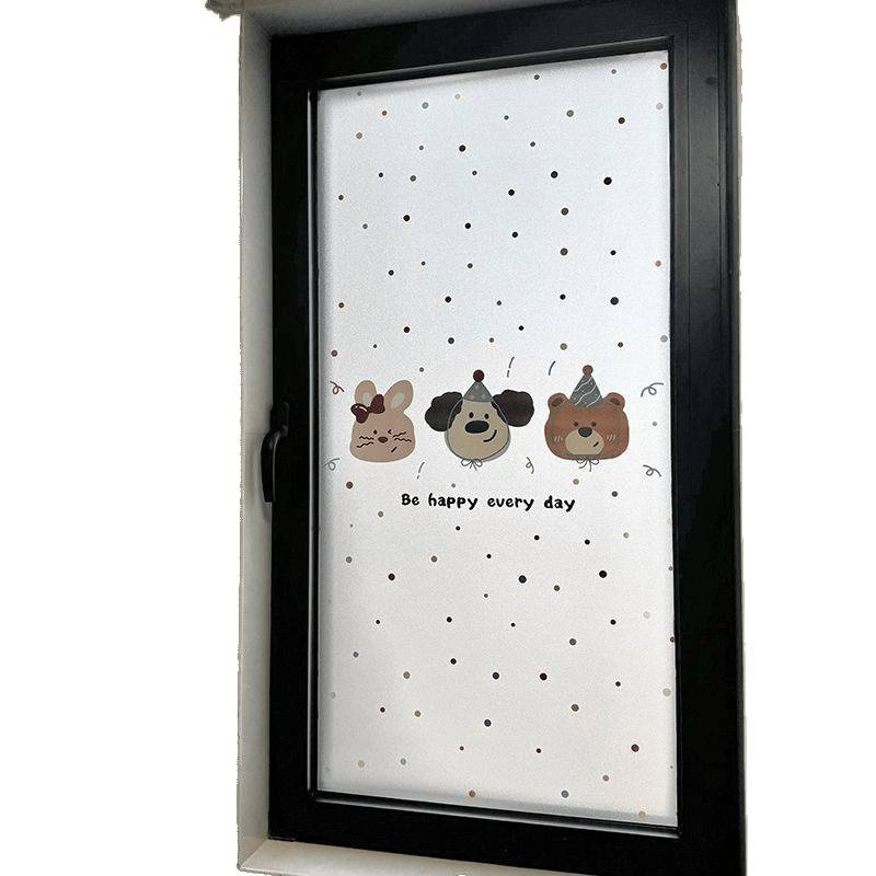 Stikla loga privātuma plēve ar mīļu suņa rakstu, elektrostatiskā pielietošana, caurspīdīgs un necaurspīdīgs privātuma plēve vannas logiem