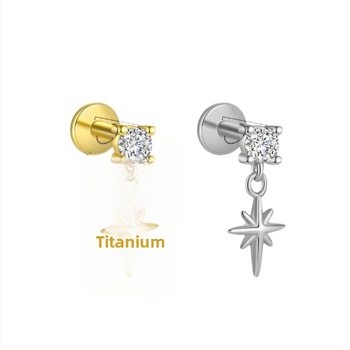 Piercing na pery, geometrická štvorramenná hviezda, ametistový kryštál, elektroplátovaný meď, unisex šperky