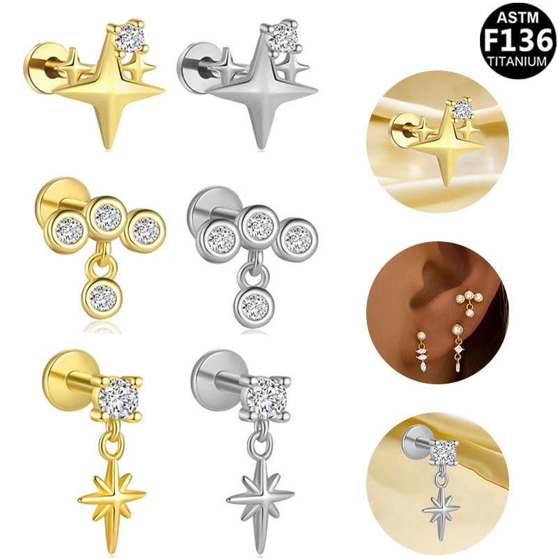 Piercing na pery, geometrická štvorramenná hviezda, ametistový kryštál, elektroplátovaný meď, unisex šperky