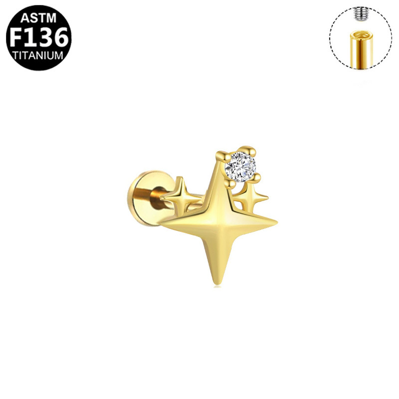 Piercing na pery, geometrická štvorramenná hviezda, ametistový kryštál, elektroplátovaný meď, unisex šperky