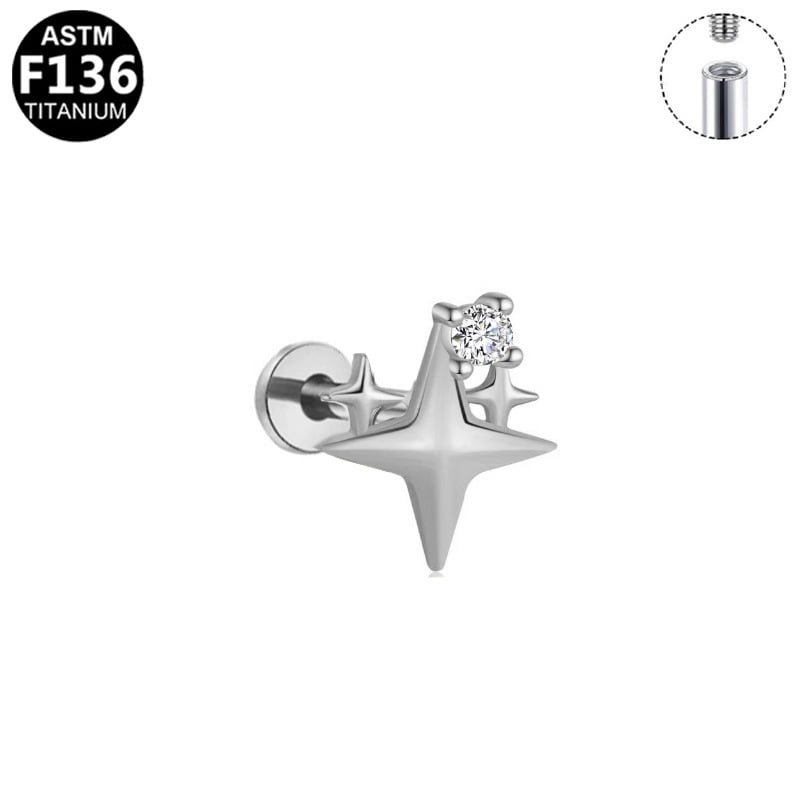 Piercing na pery, geometrická štvorramenná hviezda, ametistový kryštál, elektroplátovaný meď, unisex šperky