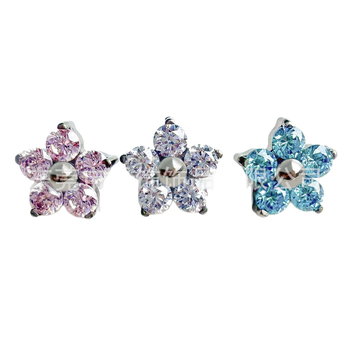 G23 titano lydinio penkių žiedlapių gėlės auskarai su cirkonio kristalais, vidinis sriegis, geometrinė forma