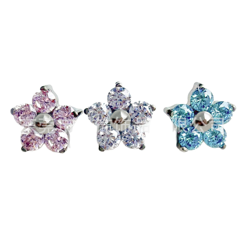 G23 titano lydinio penkių žiedlapių gėlės auskarai su cirkonio kristalais, vidinis sriegis, geometrinė forma