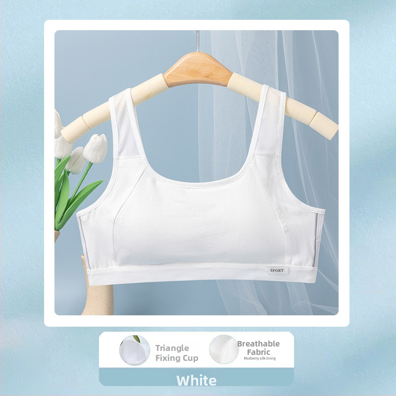 Tinédzser sportmelltartó-vest, varrás nélküli, lélegző; nylon fő anyag, pamut bélés; teljes kosár, vékony formázott kosár pamutból; rögzített dupla vállpántok