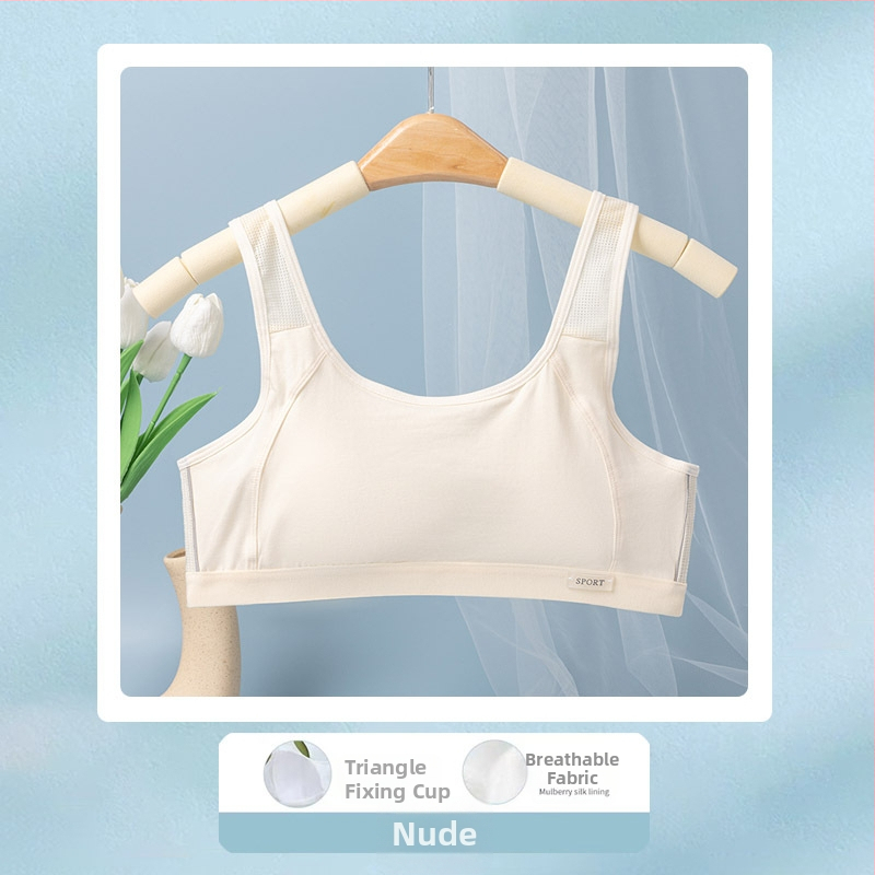 Tinédzser sportmelltartó-vest, varrás nélküli, lélegző; nylon fő anyag, pamut bélés; teljes kosár, vékony formázott kosár pamutból; rögzített dupla vállpántok