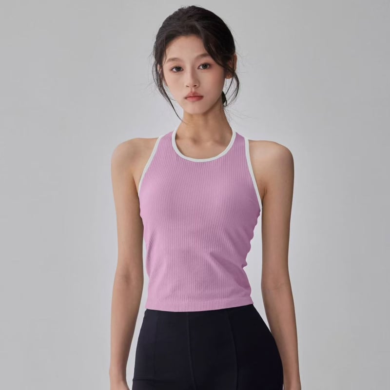 I-oblika sportska majica s ugrađenim jastučićima za prsa, upija vlagu i iznimno elastičan materijal Nylon/Spandex (80/20), uski kroj, duljina struka, ljeto 2025