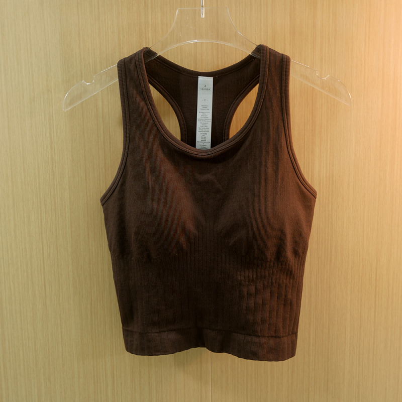 Bezšuvju adījuma treniņtopam jogai – racer back, dubultā ribota josta, elpojošs neilona-spandekss 85/15, krūšu forma 1/2