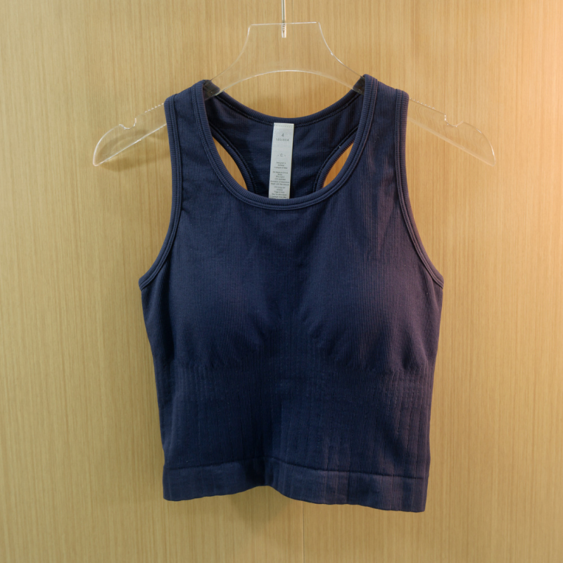 Bezšuvju adījuma treniņtopam jogai – racer back, dubultā ribota josta, elpojošs neilona-spandekss 85/15, krūšu forma 1/2