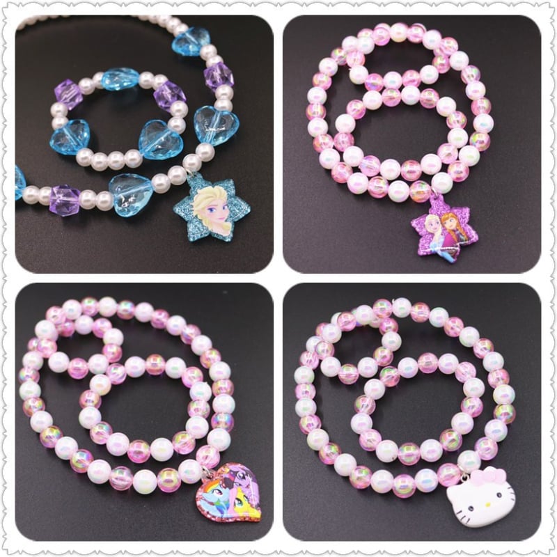 Bērnu kaklarotas un rokassprādzes komplekts ar pasakas princese motīvu — rezīns, atsevišķi iepakots, tīrība K5, 0,05 dārgmetāla kvalitāte, 2021. gada pavasaris