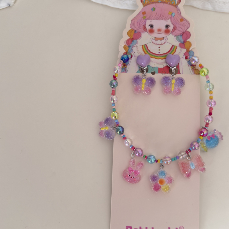 Bērnu kaklarota un ausu klipu komplekts, rokdarbs, plastmasa/rezīns, Korejas stilā, dzīvnieku formas piekari