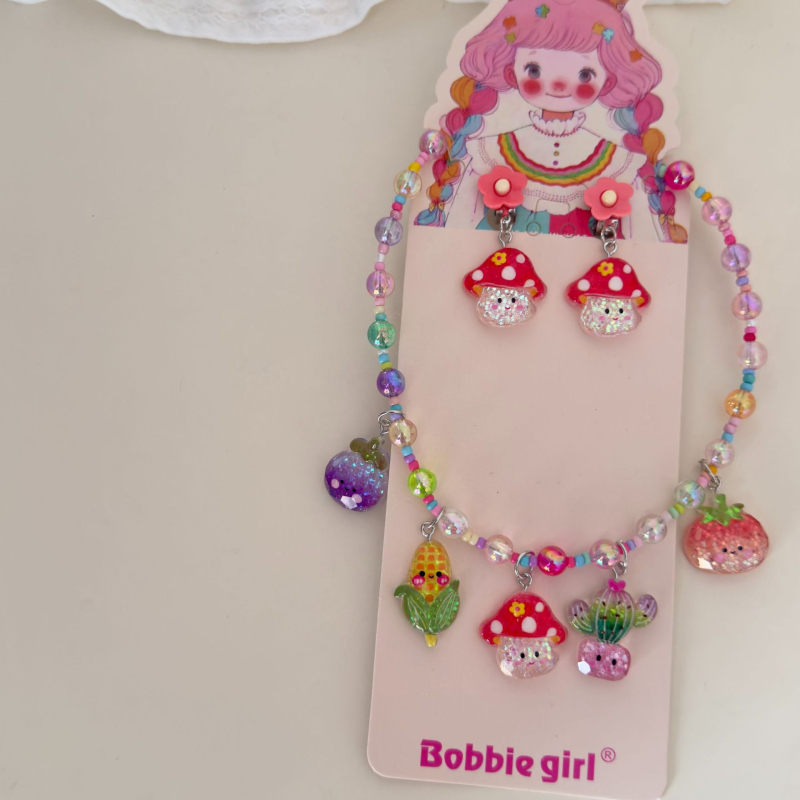 Bērnu kaklarota un ausu klipu komplekts, rokdarbs, plastmasa/rezīns, Korejas stilā, dzīvnieku formas piekari