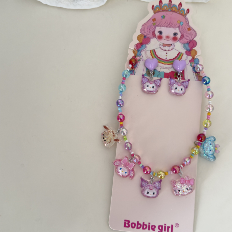 Bērnu kaklarota un ausu klipu komplekts, rokdarbs, plastmasa/rezīns, Korejas stilā, dzīvnieku formas piekari