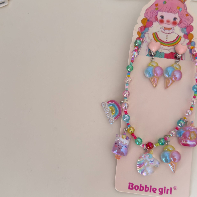 Bērnu kaklarota un ausu klipu komplekts, rokdarbs, plastmasa/rezīns, Korejas stilā, dzīvnieku formas piekari