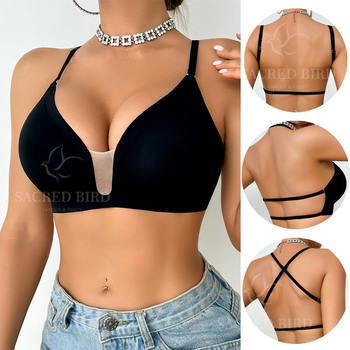 Nylonapakšveļa bez muguras ar dziļu U kaklu un režģa paneli, bezšuvju un viegla, plānas veidotas kupas, dubultās plecu siksnas