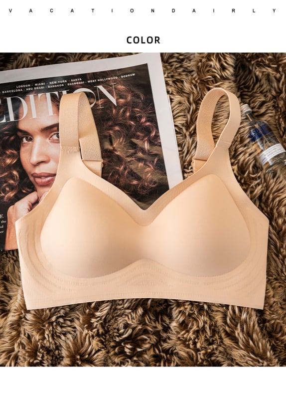 Sutien fără cusături, minimalist, invizibil, cu adunare și susținere, fără urme; material principal: nailon; tip cupă: 3/4; căptușeală cupă: burete; bretele: fixe, duble.