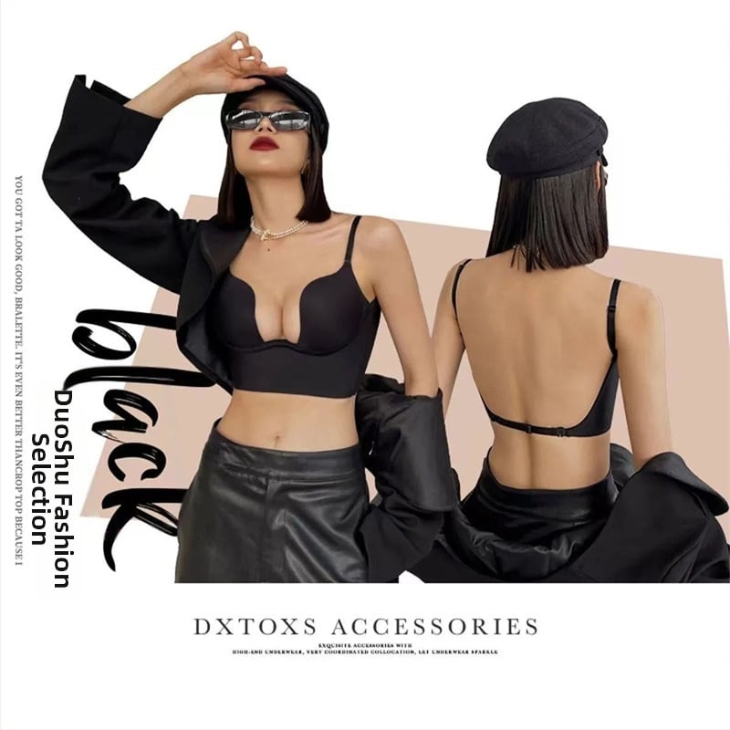 Sutien fără spate, cu push-up în formă de U pentru bust mic, decolteu adânc în V, cupă 3/4, bretele detașabile-duble