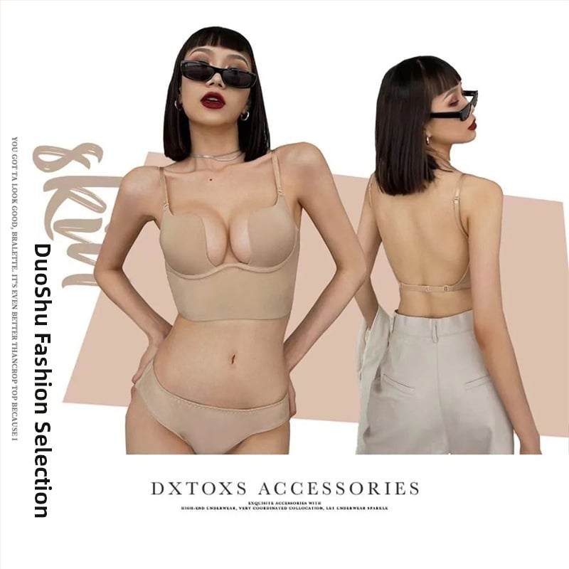 Sutien fără spate, cu push-up în formă de U pentru bust mic, decolteu adânc în V, cupă 3/4, bretele detașabile-duble