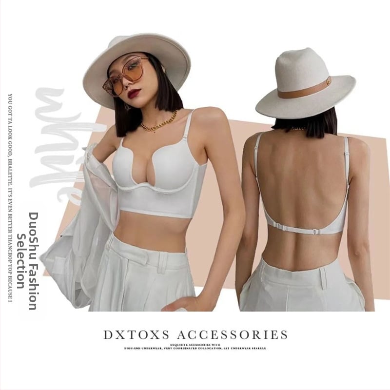 Sutien fără spate, cu push-up în formă de U pentru bust mic, decolteu adânc în V, cupă 3/4, bretele detașabile-duble