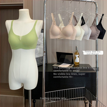 Sutien din nylon fără sârmă, fără cusături, cupă 3/4 cu model subțire, susținere moale, adună țesutul lateral, închidere în spate cu patru rânduri