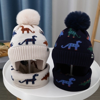 Zimski set pletene kape i šala s flis podstavom, dinosaurskim uzorkom, za bebe i djecu, uzrast 6 mjeseci–10 godina