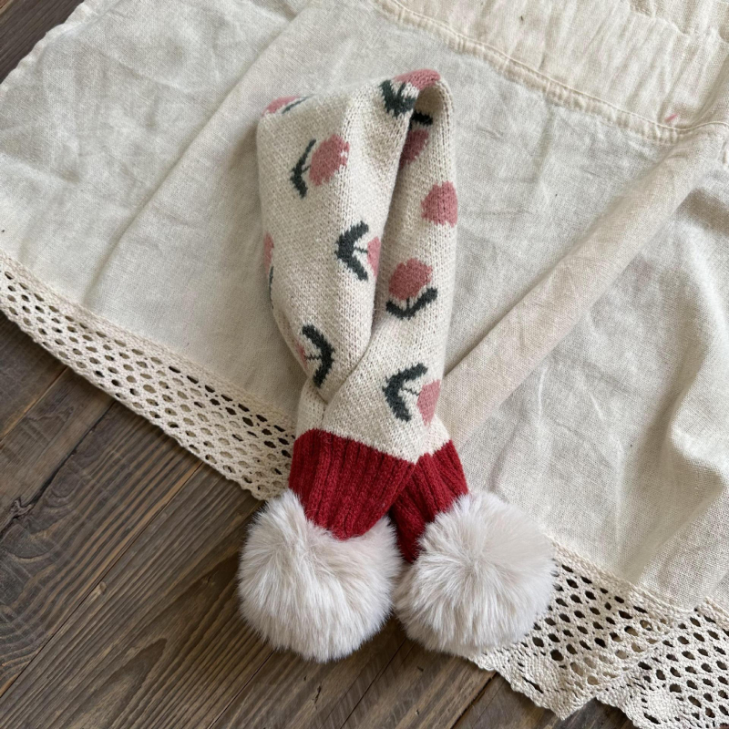 Dječji zimski pleteni šal za vrat za djevojčice, korejsko-japanski stil, motiv tulipana, džakard pletenje, održava toplinu