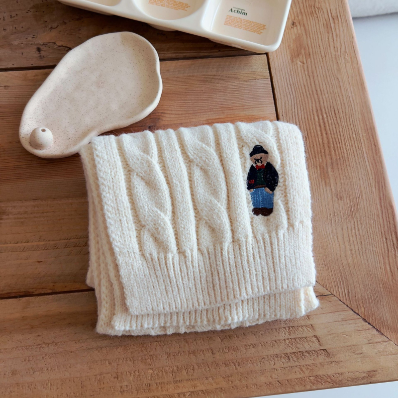 Unisex šal od merino vune s motivom malog medvjeda, warp-knitting pleteni, pravokutni oblik, zima