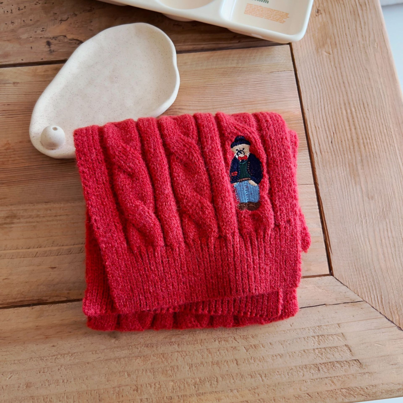 Unisex šal od merino vune s motivom malog medvjeda, warp-knitting pleteni, pravokutni oblik, zima