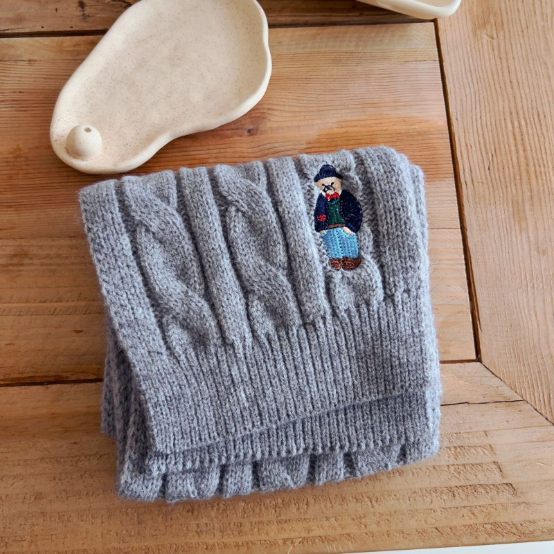 Unisex šal od merino vune s motivom malog medvjeda, warp-knitting pleteni, pravokutni oblik, zima