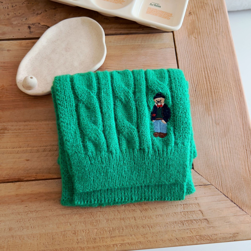 Unisex šal od merino vune s motivom malog medvjeda, warp-knitting pleteni, pravokutni oblik, zima