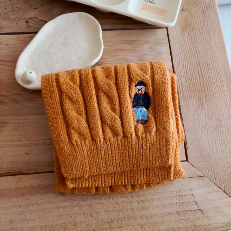 Unisex šal od merino vune s motivom malog medvjeda, warp-knitting pleteni, pravokutni oblik, zima